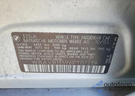 2006 BMW 325 I z USA, uszkodzony, nr VIN WBAVB13596PT07239